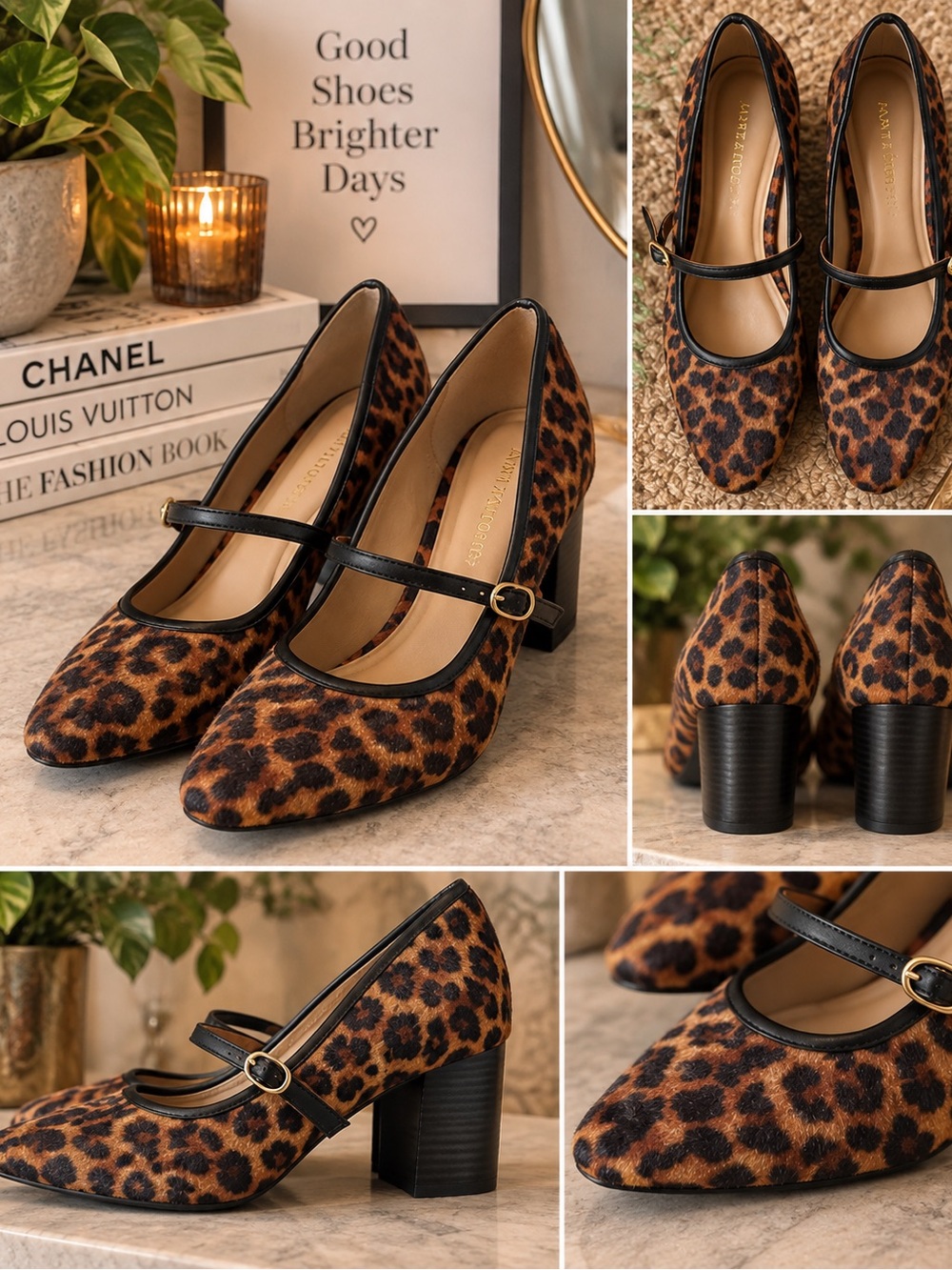 crown & ivy Leopard Print Mary Jane Block Heel Pumps in Brown and Black
